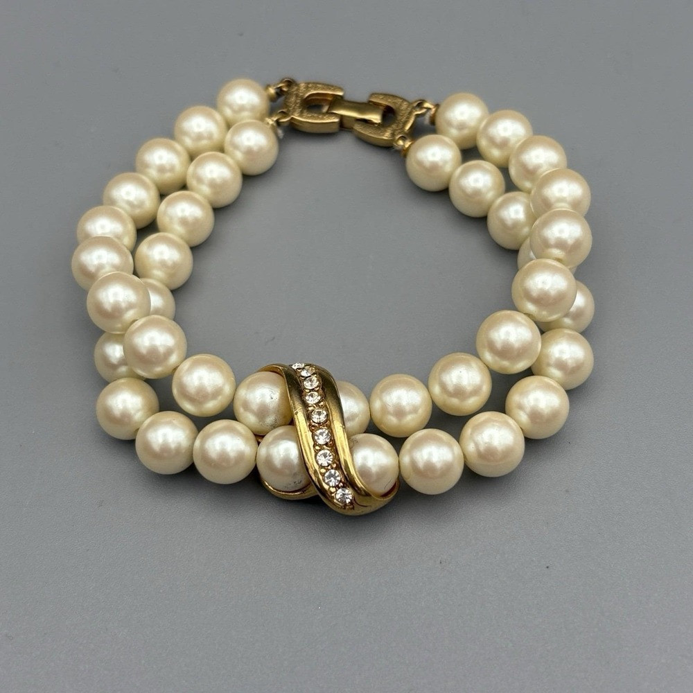 Vintage Richelieu Faux Pearl Bracelet Double Strand rhinestone Station Elegant!